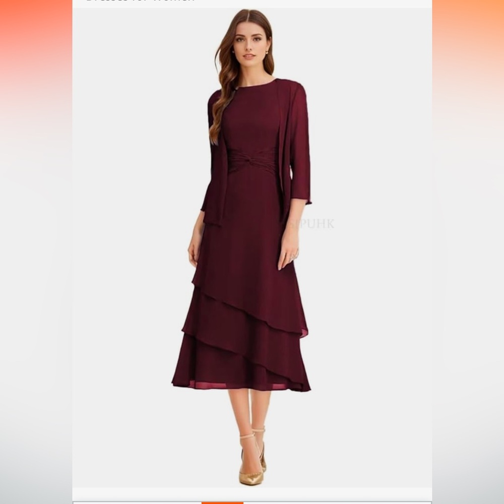 NWT  2 Piece Mother of The Bride Dress Tea Length Chiffon Tiered Ruffle